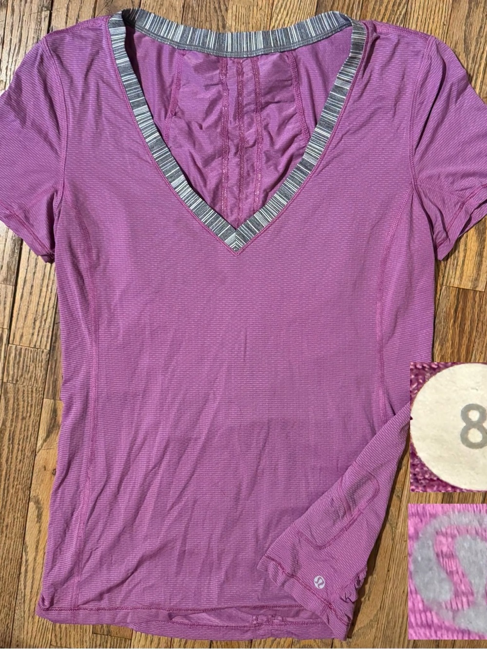 lululemon athletica Purple V-Neck Short Sleeve Tee with Striped Trim